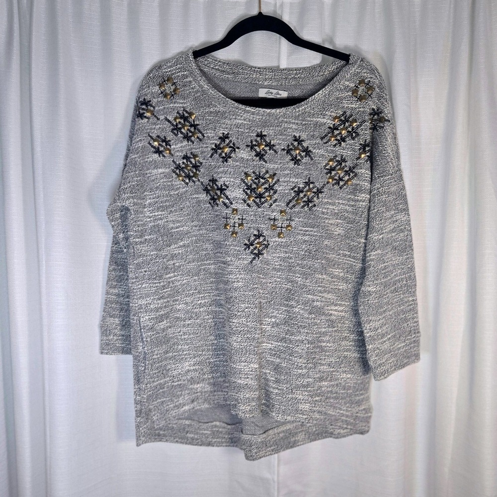Gray‎ Embellished Lucky Lotus Sweater Knit Pullover Long Sleeve Casual Small